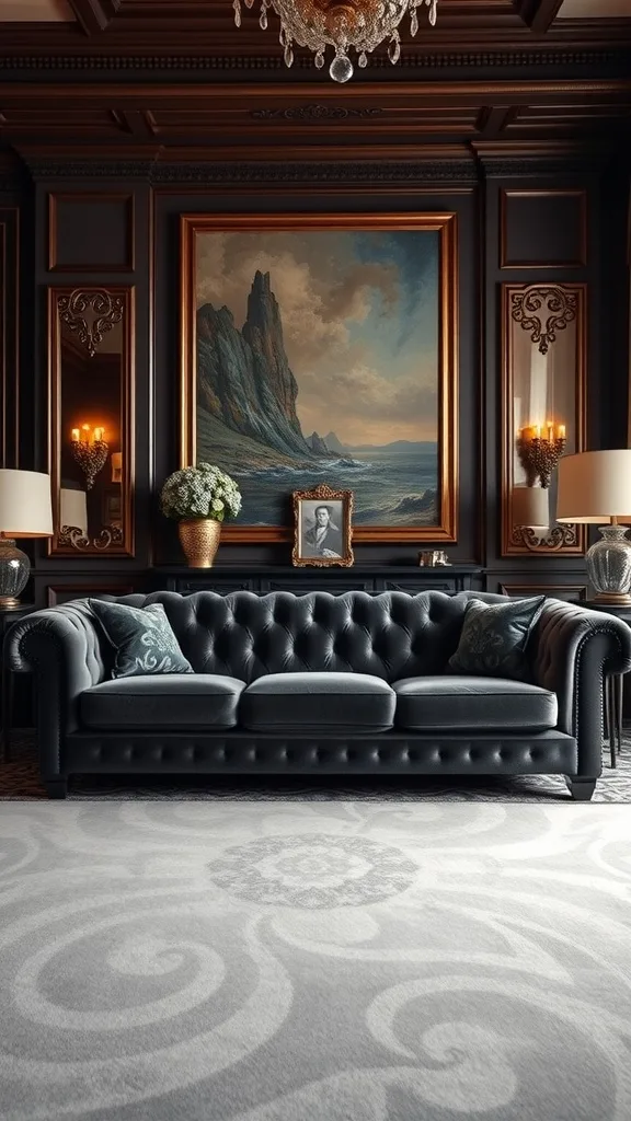 Luxurious dark gray velvet sofa in an elegant living room setting.