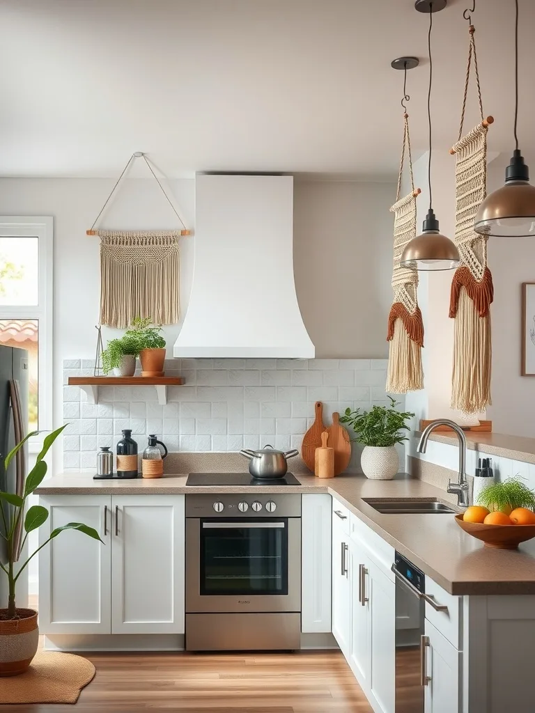 A modern boho kitchen with macrame wall hangings, featuring white cabinets, a sleek stove, and plants.