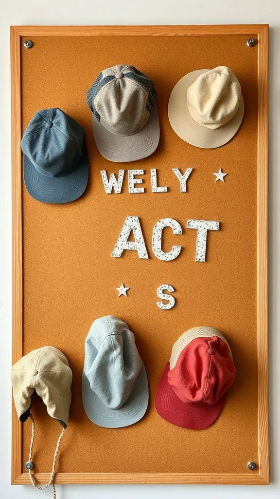 A corkboard displaying various hats with letters spelling 'ACT' and stars.