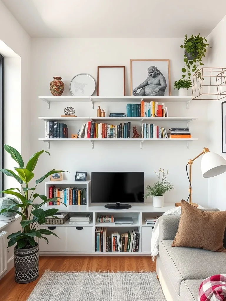 A stylish living room with wall-mounted shelves filled with books and decor, showcasing effective use of vertical space.