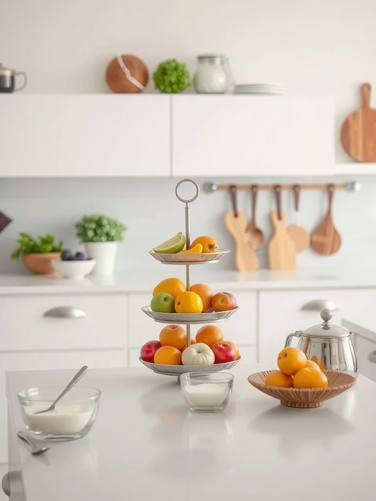 A three-tiered fruit stand displaying oranges, apples, and other fruits, alongside small bowls of yogurt and a wooden bowl with more fruits, set against a bright kitchen background.