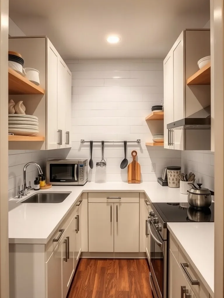 A small, modern galley kitchen with open shelves displaying dishware and hanging utensils, showcasing an efficient use of vertical space.