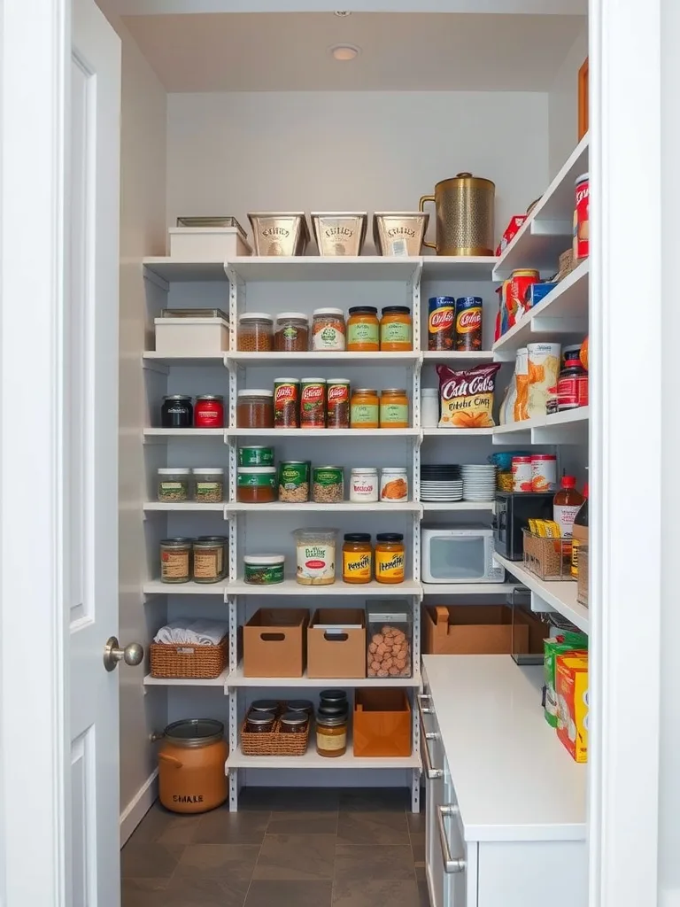 Organized pantry with multiple shelves displaying jars, boxes, and small appliances.