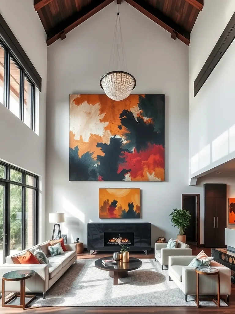 A stylish living room with high ceilings featuring bold statement art on the walls and ceiling.