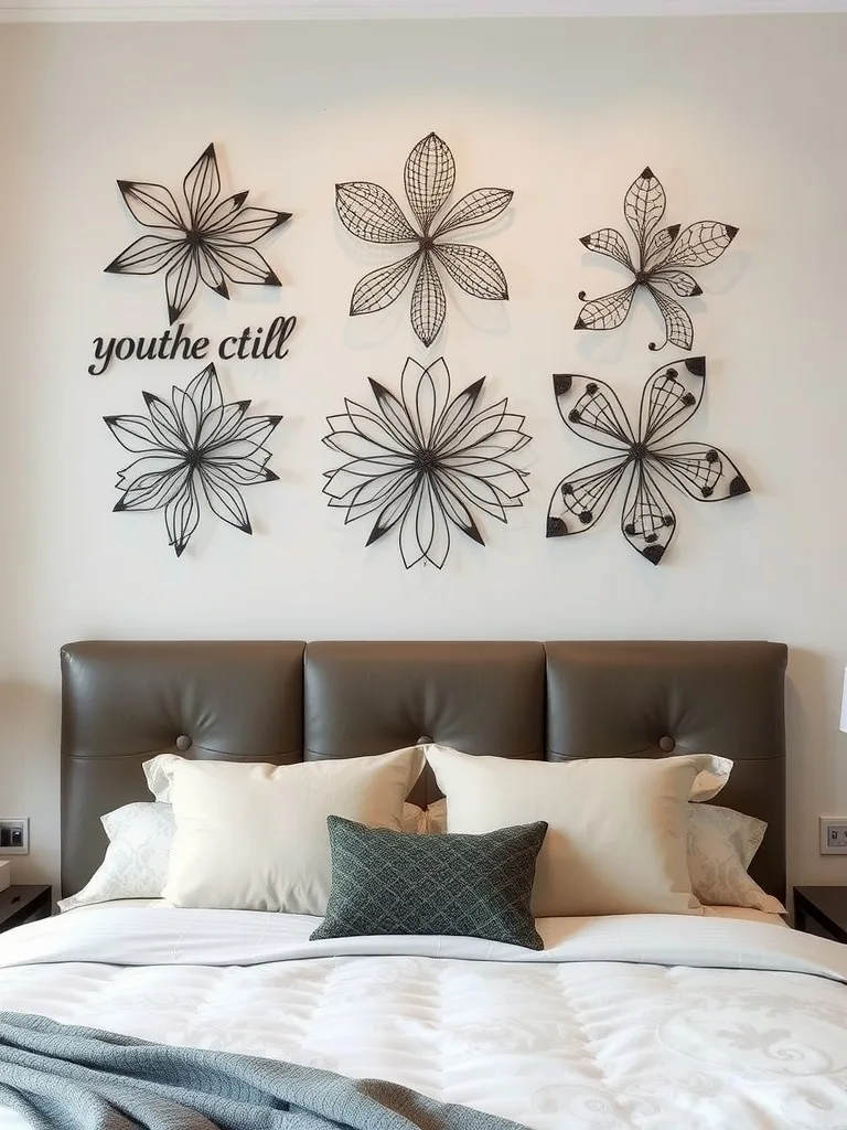 A collection of floral metal wall art sculptures arranged above a bed with decorative pillows.