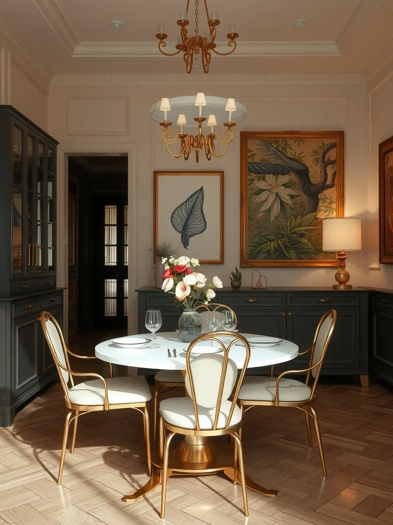 A stylish dining area featuring metallic accents in furniture and decor.