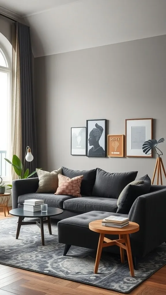 Dark gray sofa in a stylish living room with mid-century modern decor.