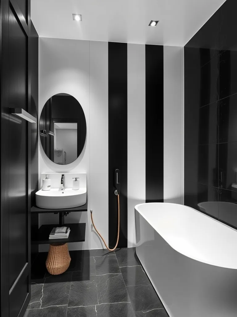 A minimalist black and white bathroom featuring a freestanding bathtub, sleek vanity, and modern fixtures.