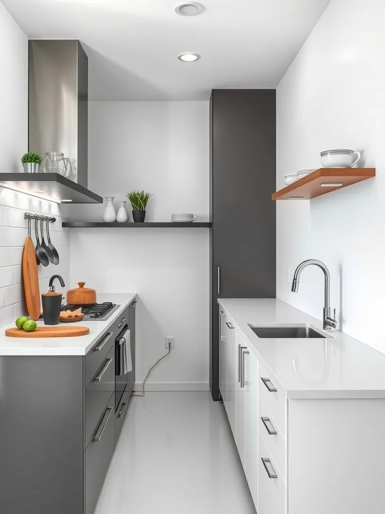 A small galley kitchen featuring a minimalist design with dark cabinets, white countertops, and open shelving.