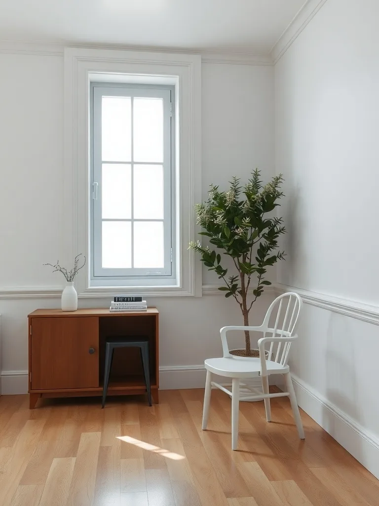 A minimalist interior with a white chair rail, a small white chair, a wooden cabinet, and a window with a view.