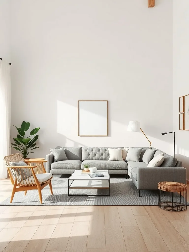 A minimalistic living room featuring a grey couch, wooden chair, and plants, with natural light streaming in.