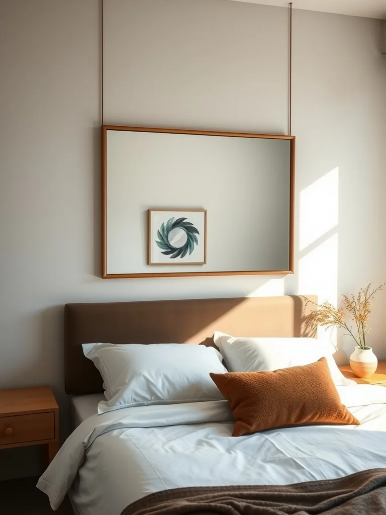 A cozy bedroom featuring a large wooden-framed mirror above the bed, complemented by a piece of art and warm bedding.