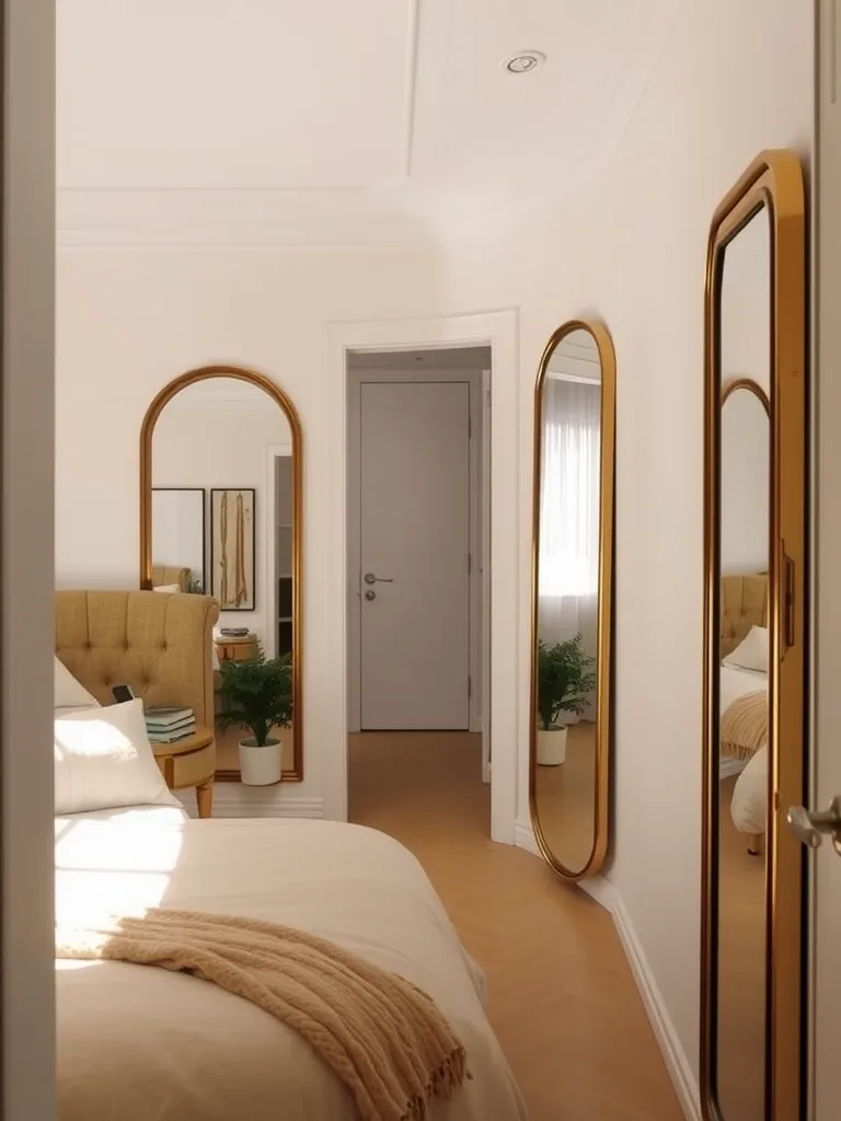 A narrow bedroom with a large mirror, a door open to a balcony, and a neatly made bed, showcasing a bright and airy atmosphere.