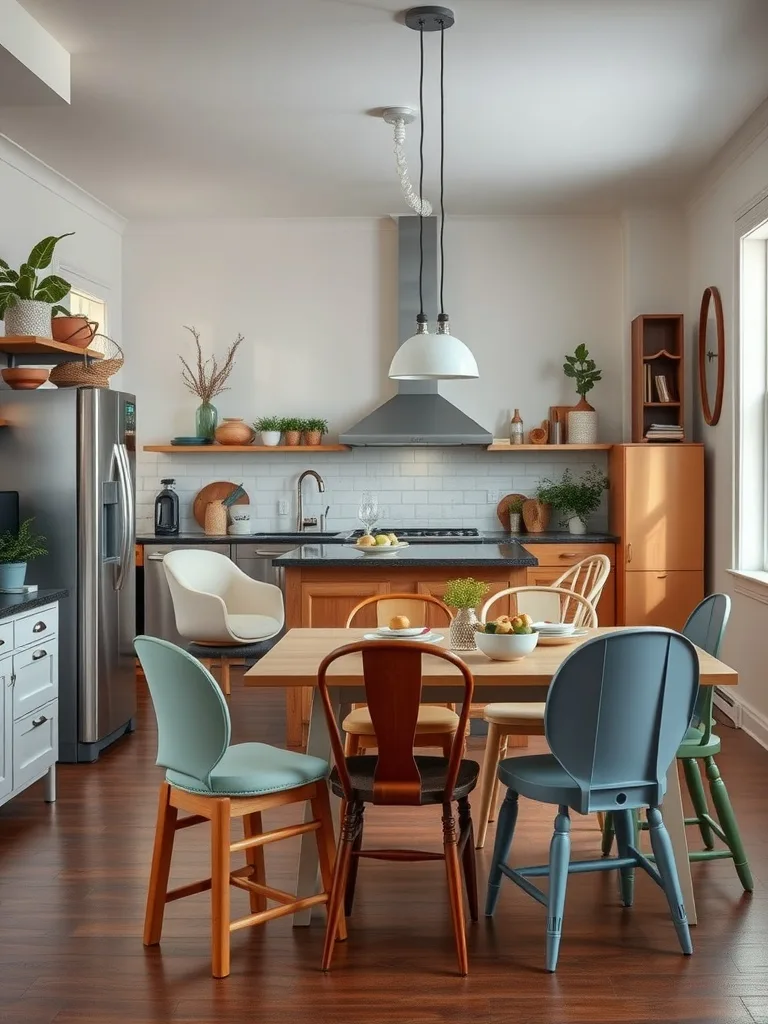 A cozy kitchen featuring a mix of colorful chairs around a wooden table, showcasing eclectic decor.