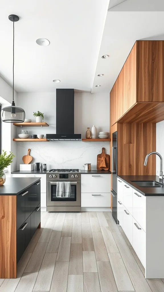 Modern black and white kitchen with wooden accents and sleek appliances.