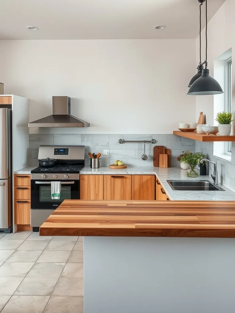 A modern kitchen featuring mixed materials in the countertops with wooden and stone elements.