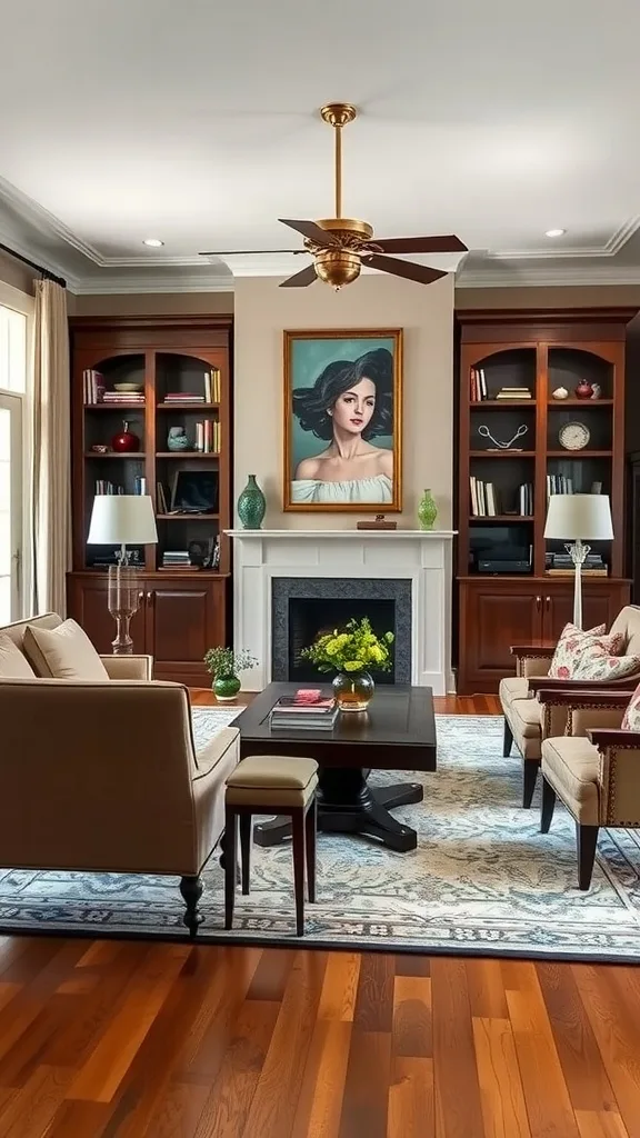 A colonial style living room featuring a mix of old and new furniture, warm wooden floors, traditional cabinetry, and modern decor elements.