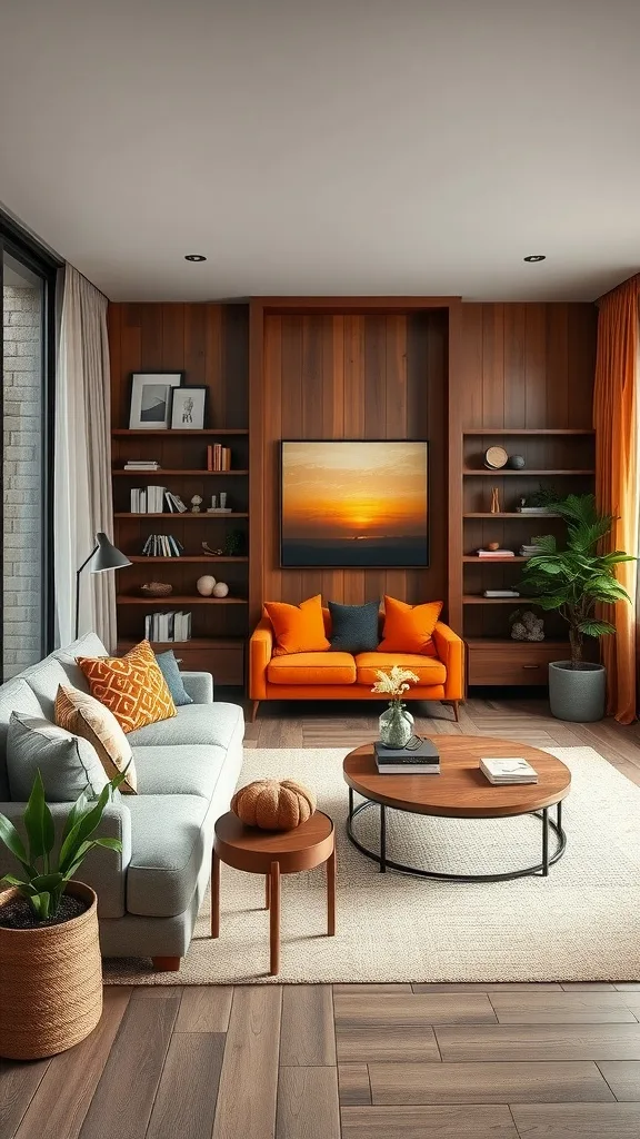 Cozy living room featuring orange decor mixed with earthy tones, showcasing a warm and inviting atmosphere.