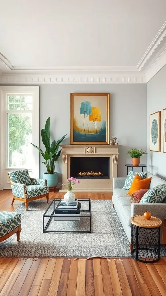 Eclectic living room featuring mixed patterns in furniture and decor.