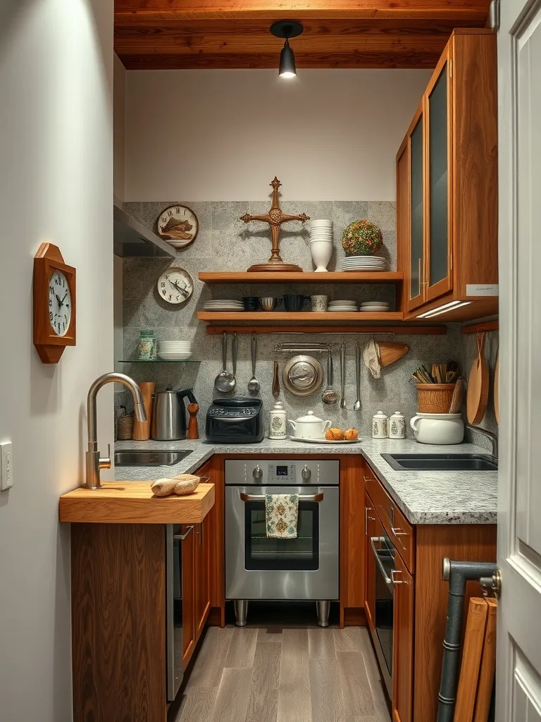 A cozy small galley kitchen featuring wooden cabinets, a stone backsplash, and modern appliances.