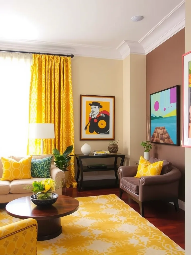 A bright yellow-themed living room with patterned curtains and cushions.