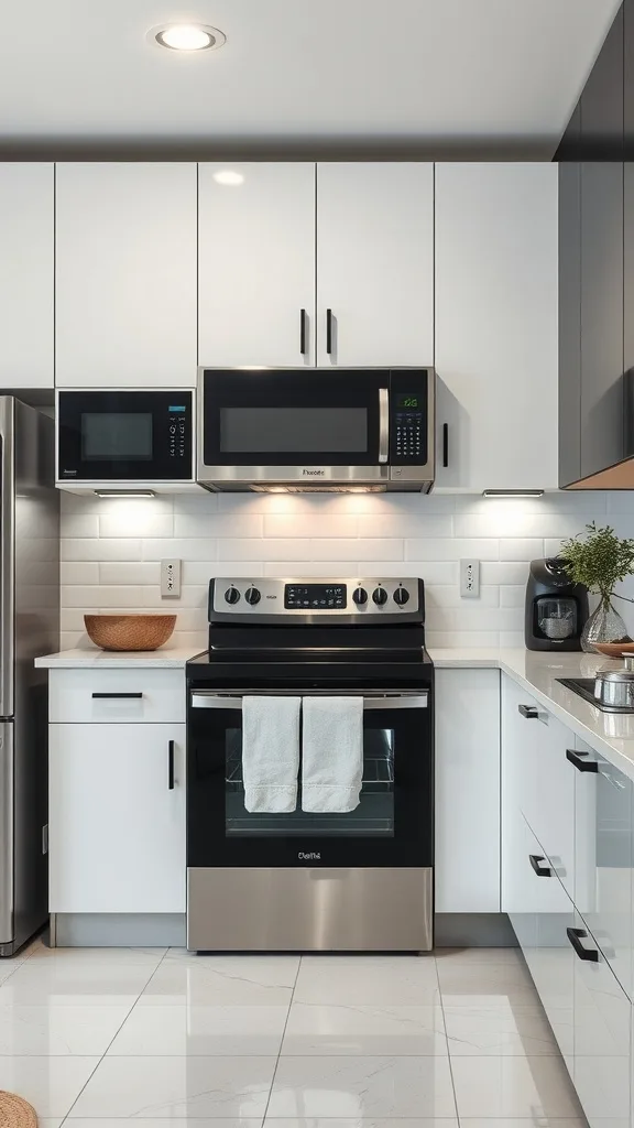 A modern black and white kitchen featuring stainless steel appliances, sleek cabinetry, and a clean design.