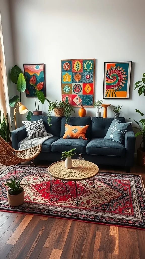 A cozy living room featuring a dark gray sofa with colorful accents and plants.