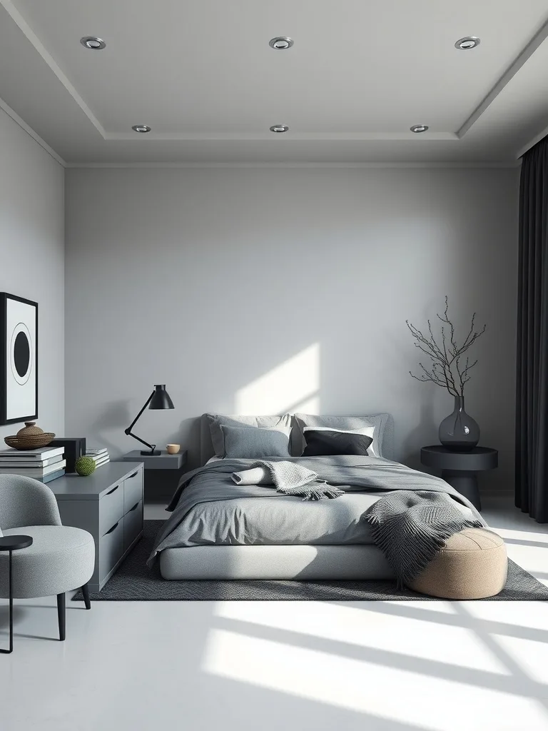 Modern gray and black bedroom featuring a cozy bed, stylish furniture, and bright natural light.