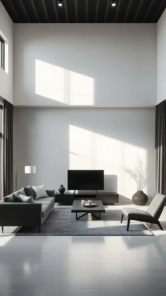 A modern minimalist living room featuring a black accent wall, simple furniture, and natural light.