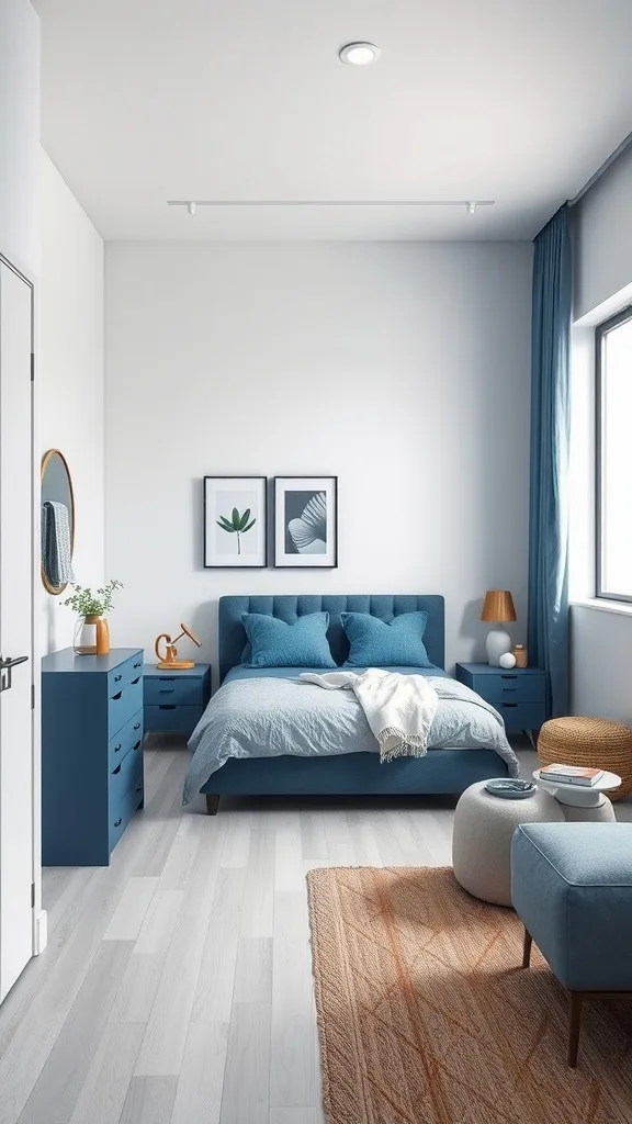 Modern blue and gray bedroom with minimalist decor