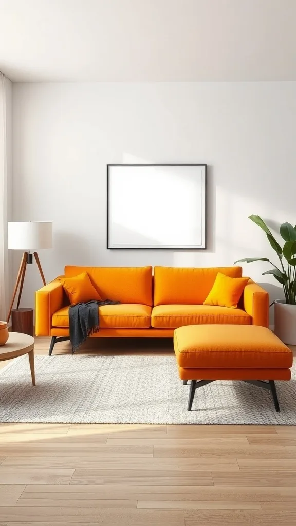 Modern orange sofa in a bright living room with a lamp and plant.