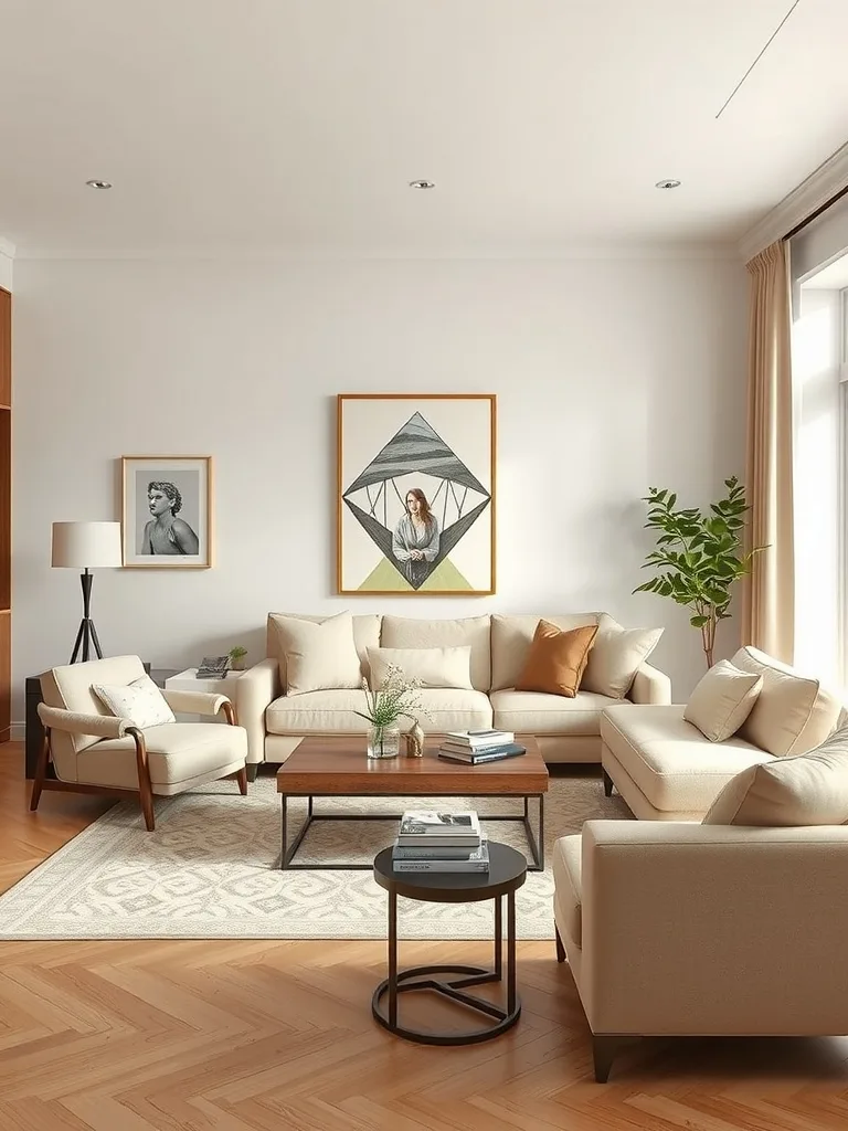 A neutral living room featuring beige furniture, artwork, and a plant, showcasing a monochromatic color scheme.