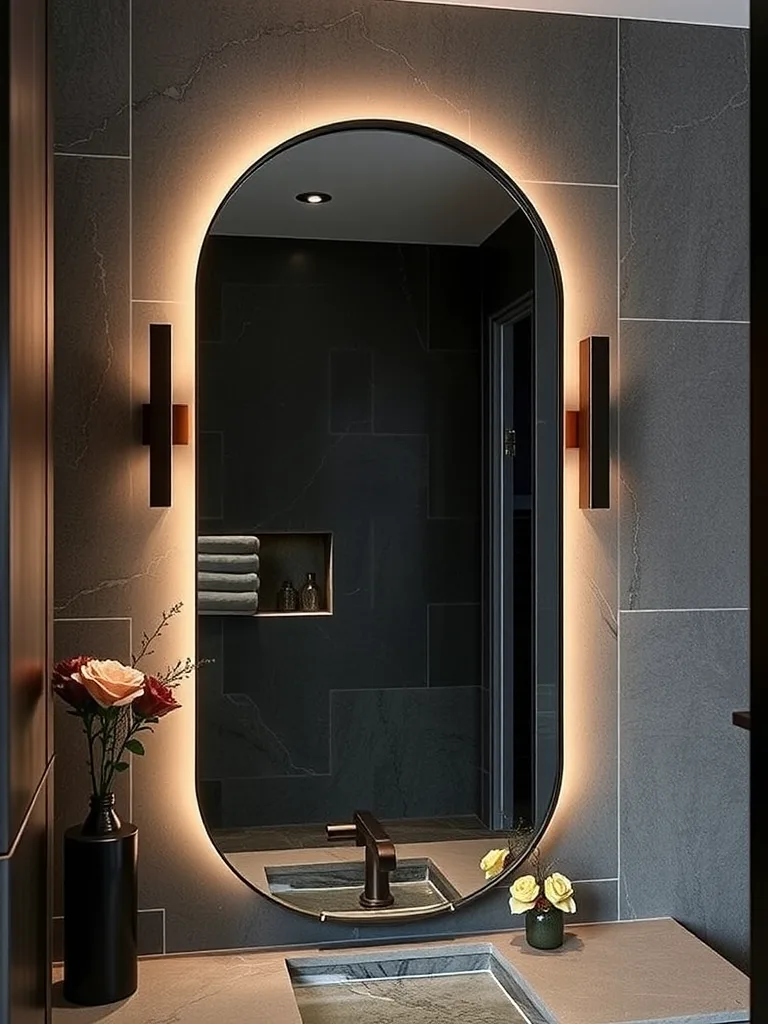 A dark and moody bathroom featuring a rounded mirror and stylish sink