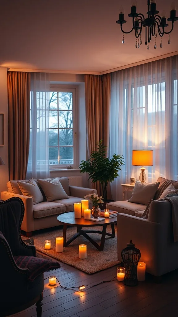 A cozy living room with soft lighting from candles and lamps