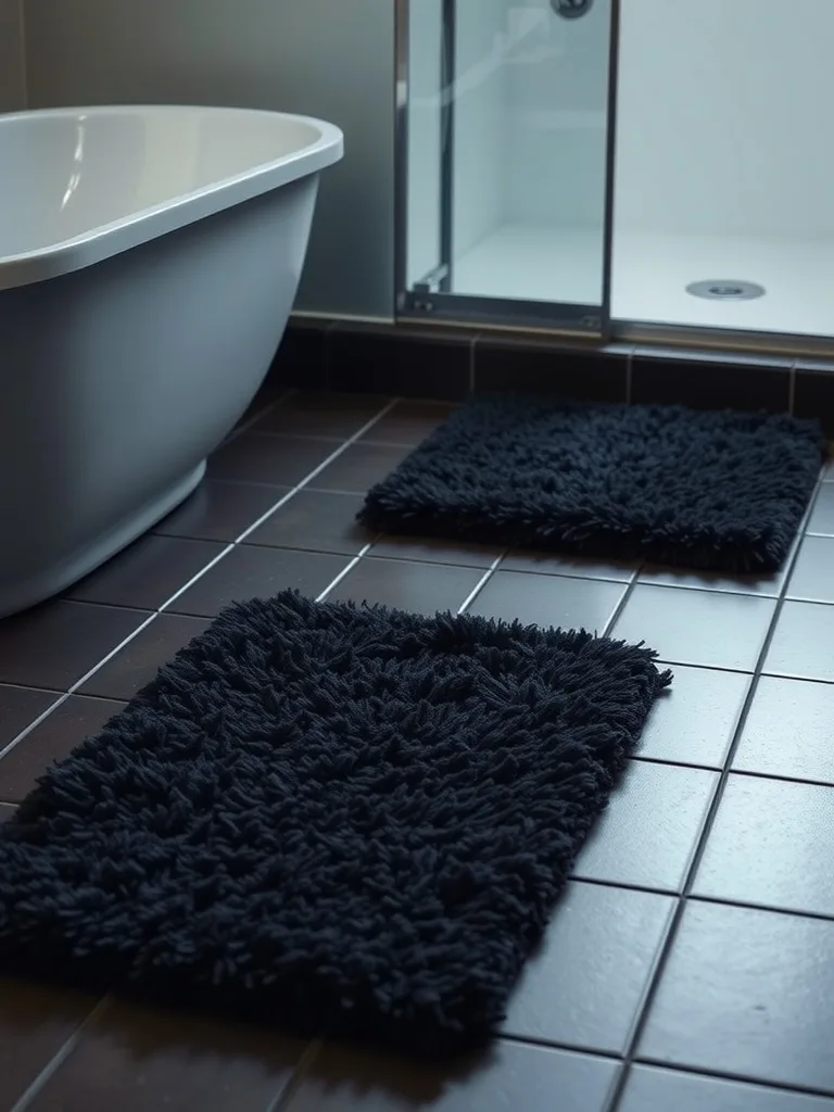 Two black shaggy bath mats on a dark tiled floor in a modern bathroom with a freestanding bathtub and a glass shower.