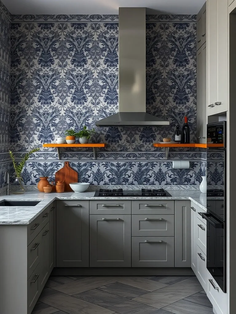 A dark, moody kitchen with intricate blue wallpaper and modern gray cabinetry.