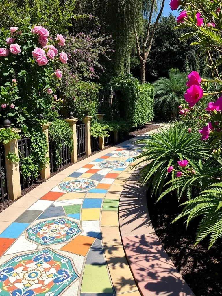 Colorful mosaic tile path surrounded by flowers and greenery