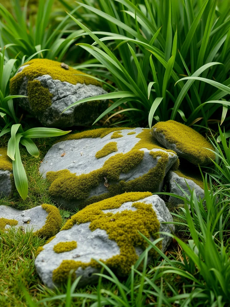 Moss-covered rocks surrounded by grass