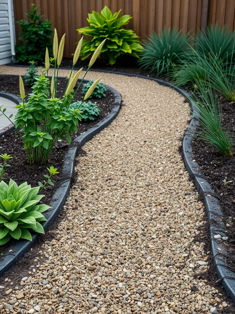 A winding mulch pathway bordered by various green plants in a garden