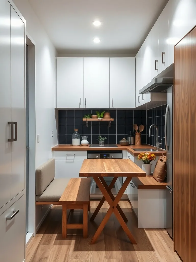 A small galley kitchen with multi-functional furniture including a foldable table and a storage bench.