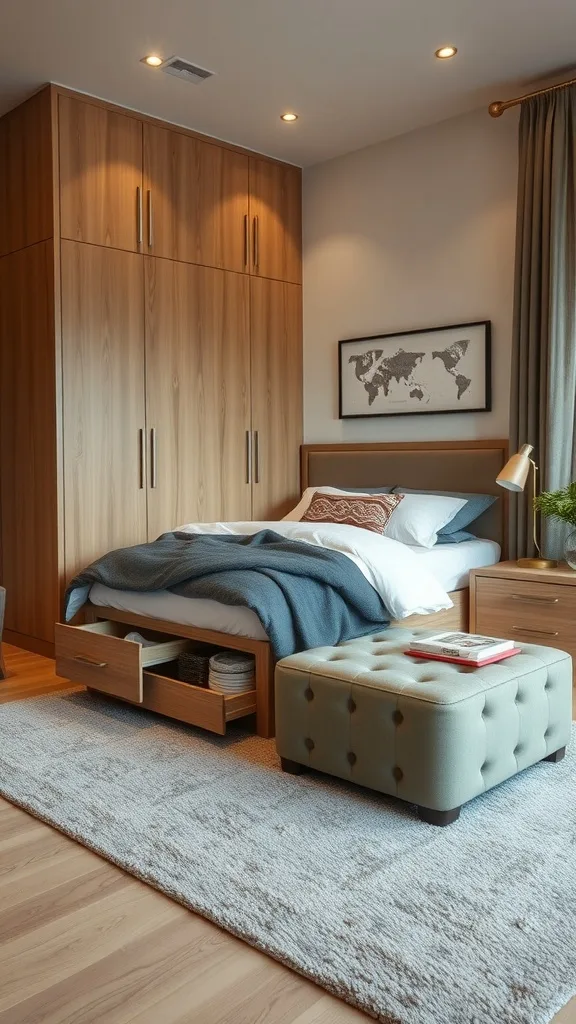 A small bedroom featuring multi-functional furniture with a bed, storage drawers, and an ottoman.