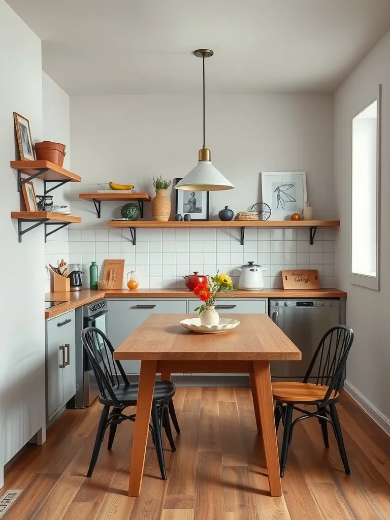 A small kitchen featuring a multi-functional wooden table, black chairs, open shelving with decorative items, and a stylish light fixture.