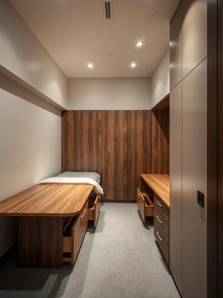 A narrow bedroom featuring multi-functional furniture, including a foldable bed and desk with storage options.