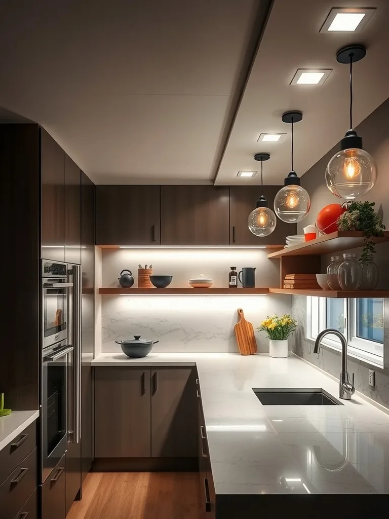 A modern kitchen with layered lighting including pendant lights and under-cabinet lighting.