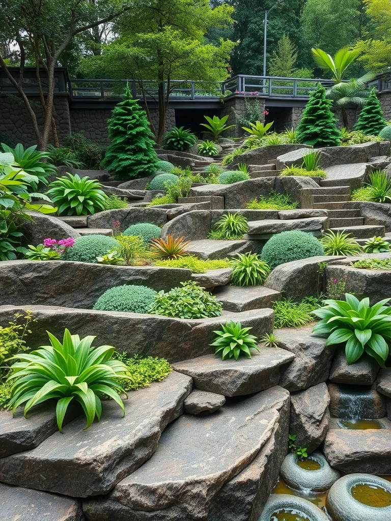 A multi-level garden featuring river rocks and lush green plants.