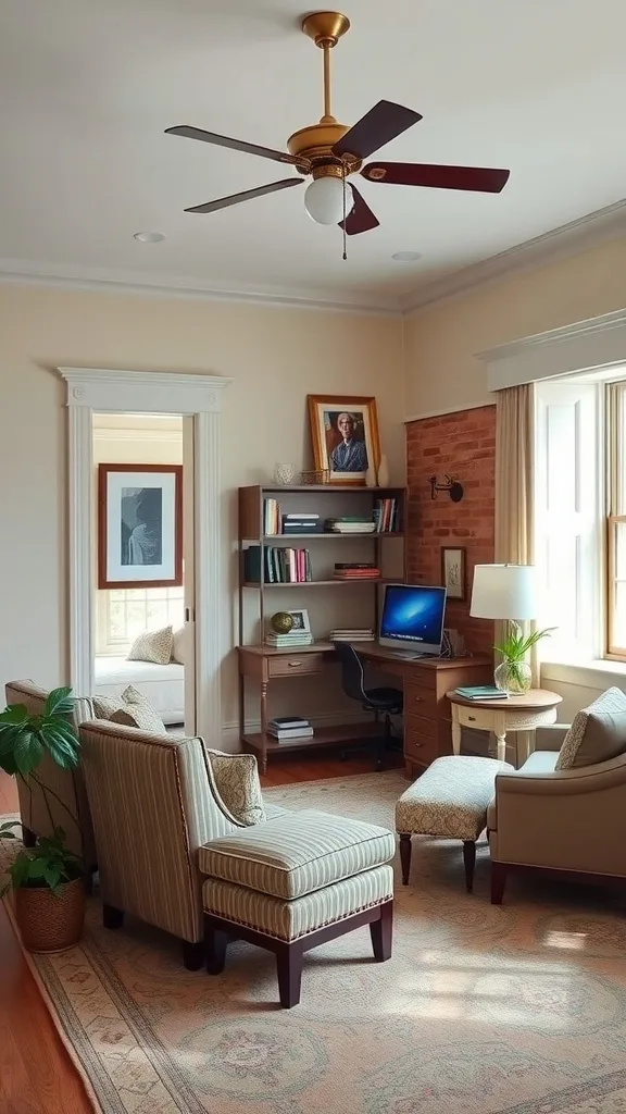 A cozy multifunctional living room with armchairs, a desk, and natural light.