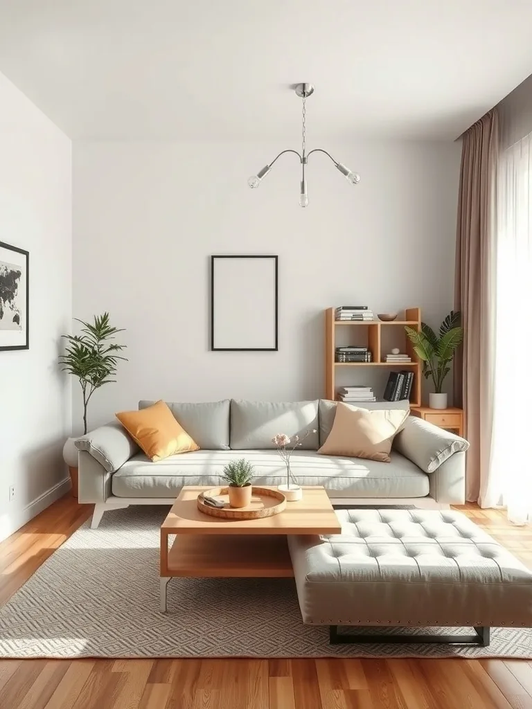 A stylish small living room featuring a multi-purpose coffee table, a cozy couch with cushions, and a bookshelf, creating a functional and inviting space.