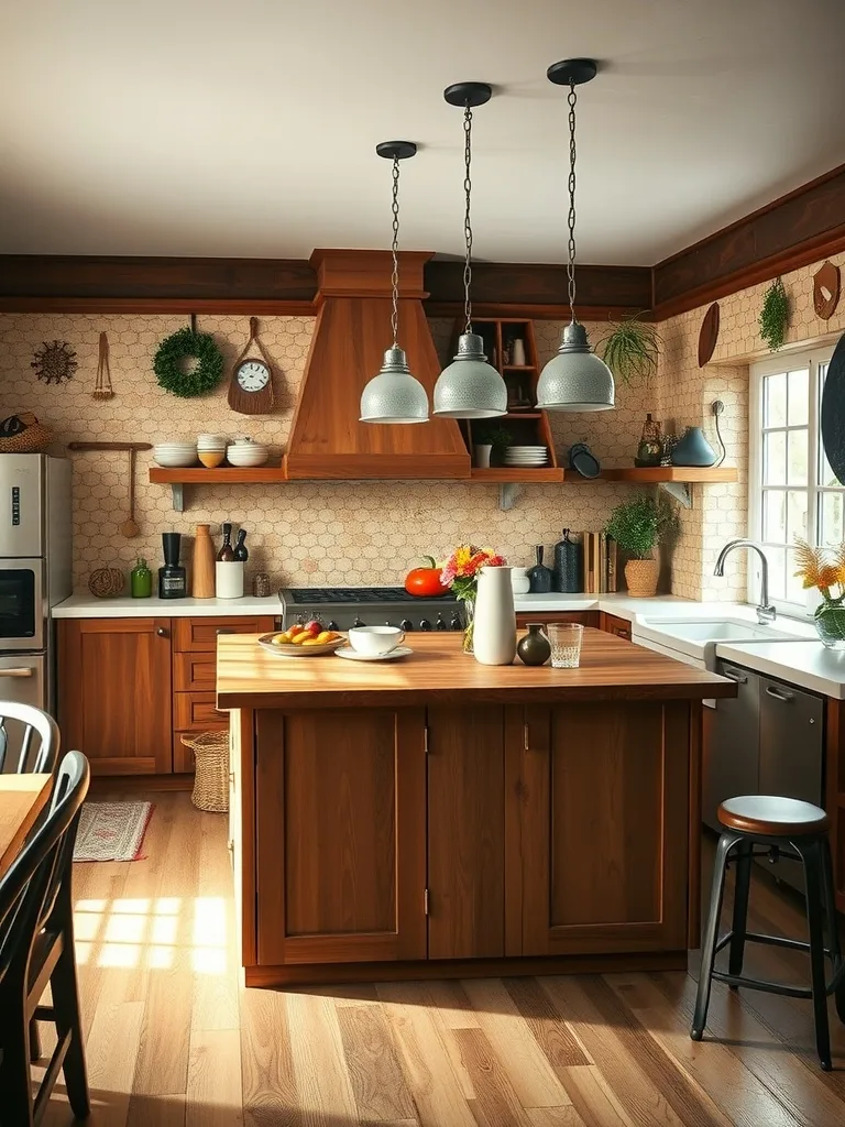 A modern boho kitchen featuring a multipurpose wooden island, industrial light fixtures, and decorative elements.