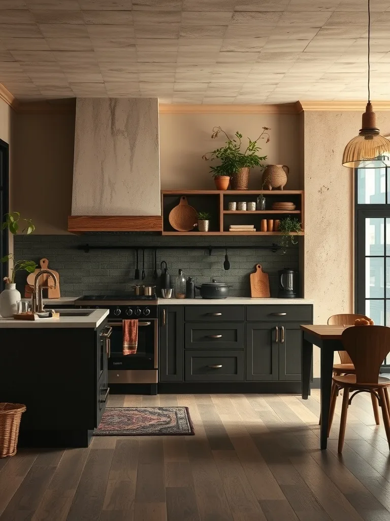 A dark kitchen featuring muted earthy tones with wooden accents and plants.