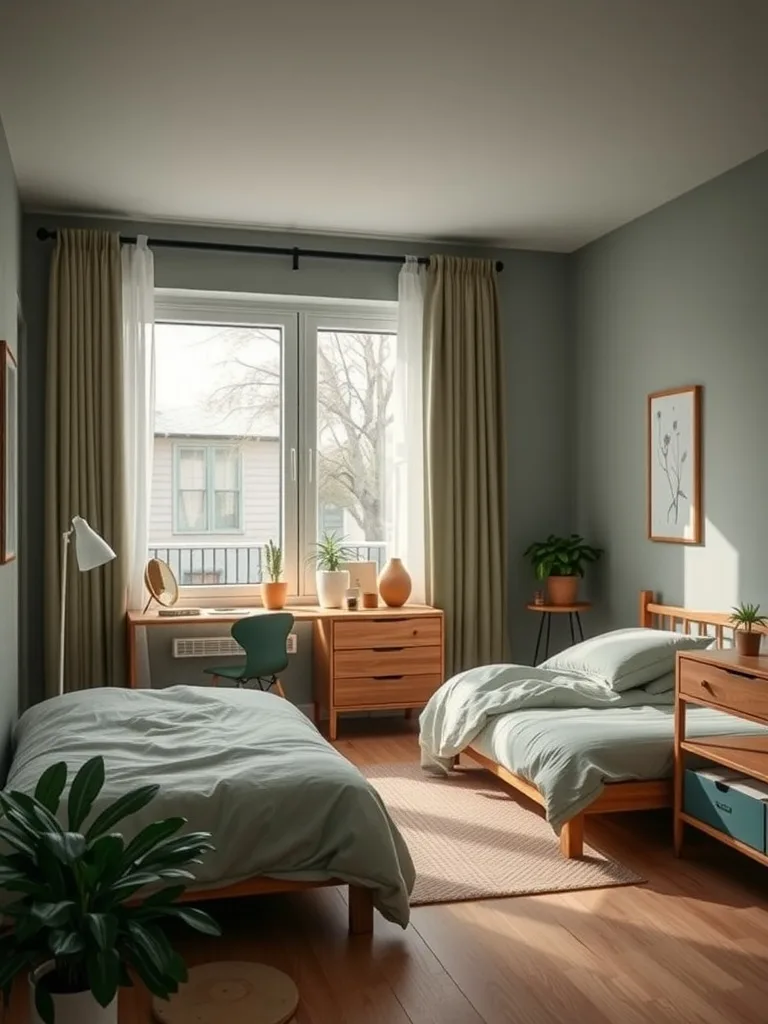 A tranquil bedroom featuring muted sage green walls, wooden furniture, and soft bedding.